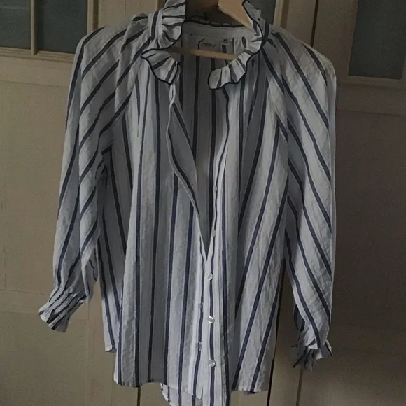 Finley Fiona Ruffle High Neck Blouse Blue/White Striped XS 100% Cotton - Picture 2 of 10